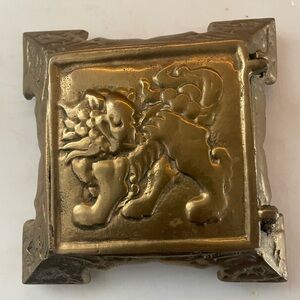 Antique Solid Brass Foo Dog Trinket Box with hinged Lid 19th Century Chinese